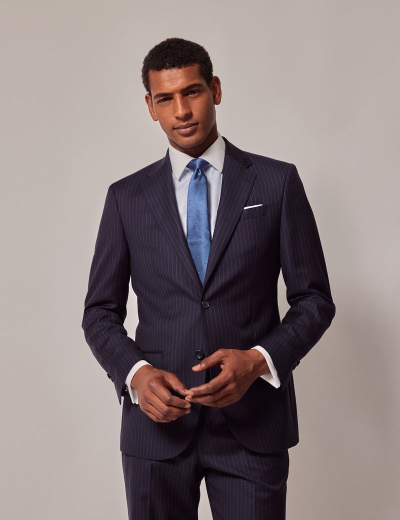 Navy Chalk Stripe Italian Wool Tailored Fit Suit Jacket - 1913 Collection