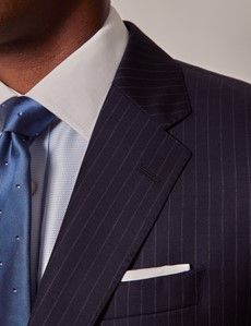 Navy Chalk Stripe Italian Wool Tailored Fit Suit Jacket - 1913 Collection