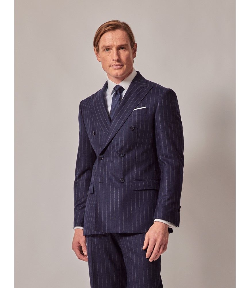 Navy Chalk Stripe Italian Flannel Wool Double Breasted Tailored Fit Suit  Jacket - 1913 Collection