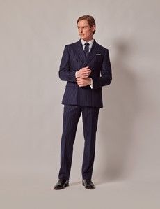 Navy Chalk Stripe Italian Flannel Wool Double Breasted Tailored Fit Suit Jacket - 1913 Collection-preview7
