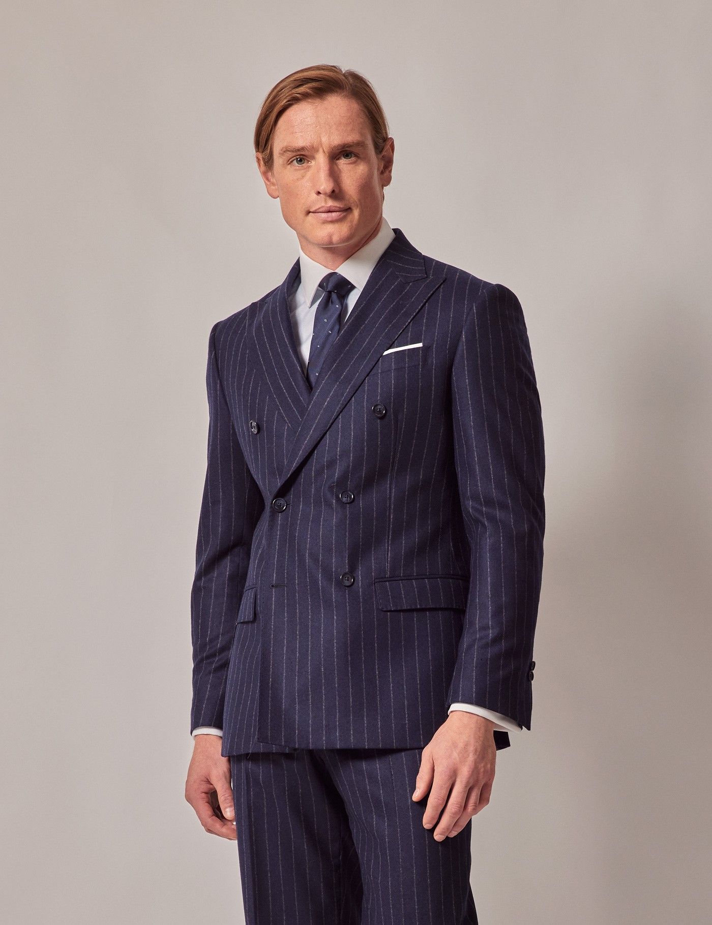Navy Chalk Stripe Double Breasted Flannel Tailored Suit - 1913 Collection