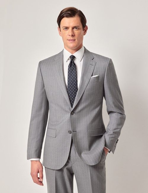 Light Grey Stripe Italian Wool Tailored Fit Suit Jacket - 1913 Collection