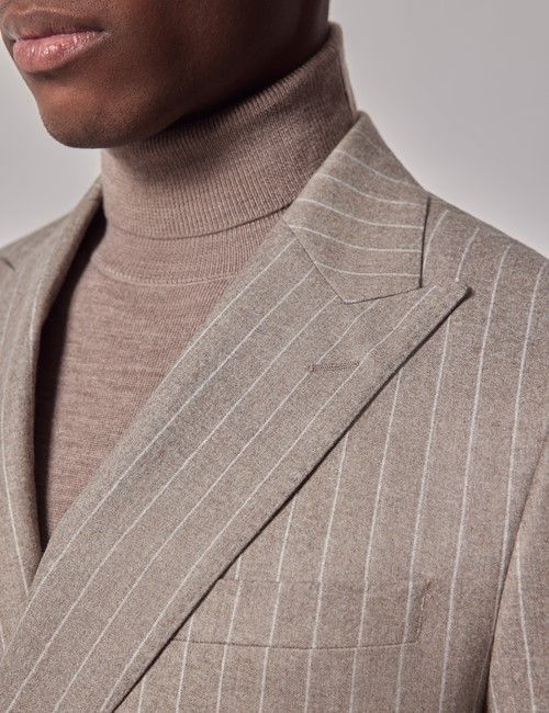 Taupe Stripe Flannel Double Breasted Italian Slim Fit Suit Jacket - 1913 Collection-preview