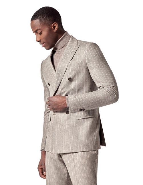 Taupe Stripe Flannel Double Breasted Italian Slim Fit Suit Jacket - 1913 Collection