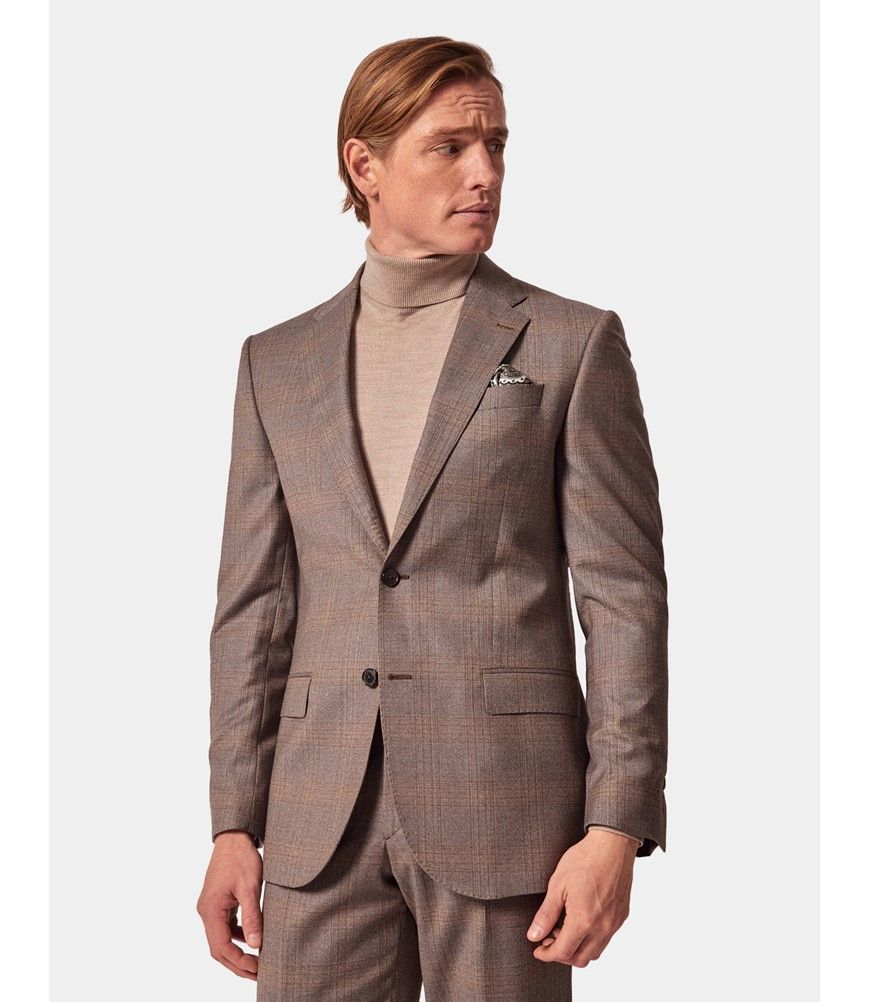 Men's Brown Check Italian Flannel Wool Tailored Fit Suit Jacket