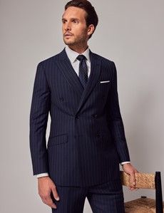 Navy Chalk Stripe Wool Double Breasted Slim Fit Suit Jacket