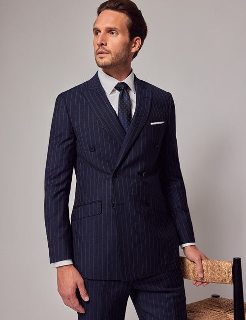 Navy Chalk Stripe Wool Double Breasted Slim Fit Suit Jacket