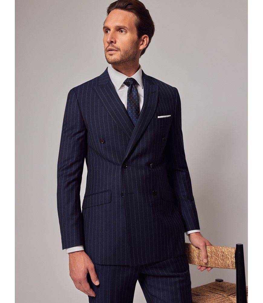 Navy Chalk Stripe Double Breasted Slim Suit Jacket