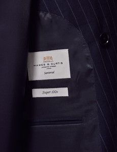 Navy Chalk Stripe Wool Double Breasted Slim Fit Suit Jacket-preview4