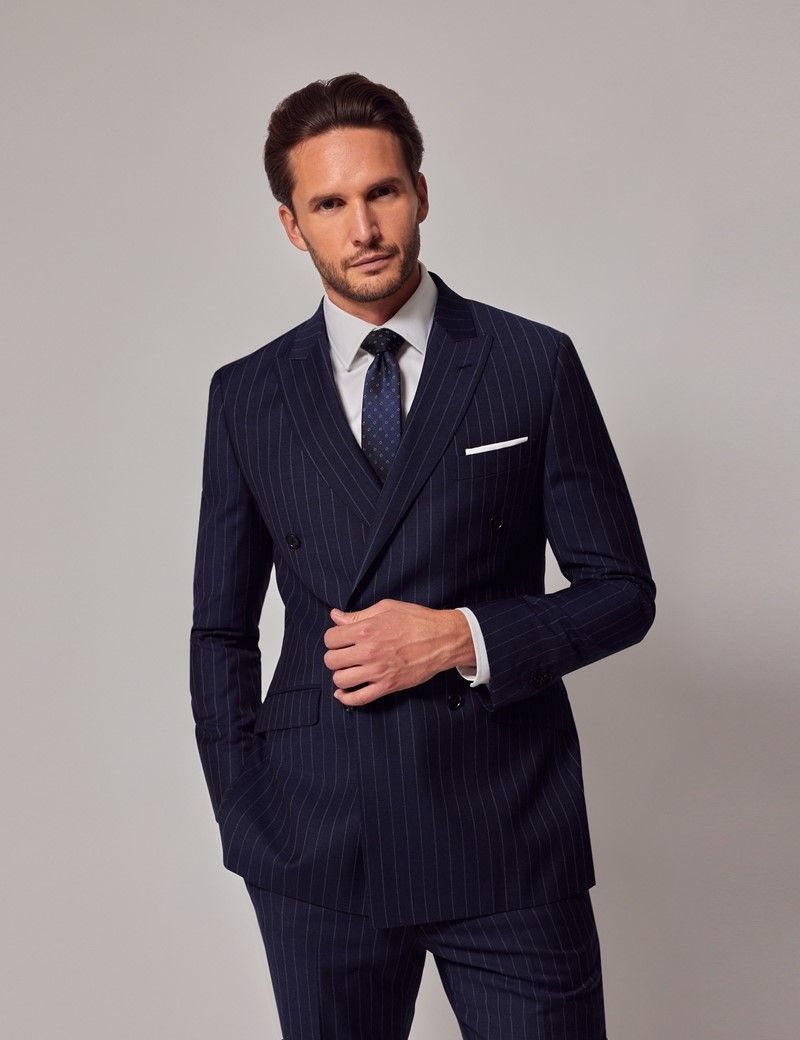 Men's Navy Chalk Stripe Double Breasted Slim Fit Suit Jacket | Hawes ...