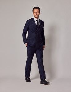 Navy Chalk Stripe Wool Double Breasted Slim Fit Suit Jacket-preview8