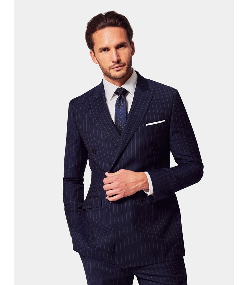 スーツ 50's style shadow double check suit Men's Navy Chalk Stripe Double Breasted Slim Fit Suit Jacket