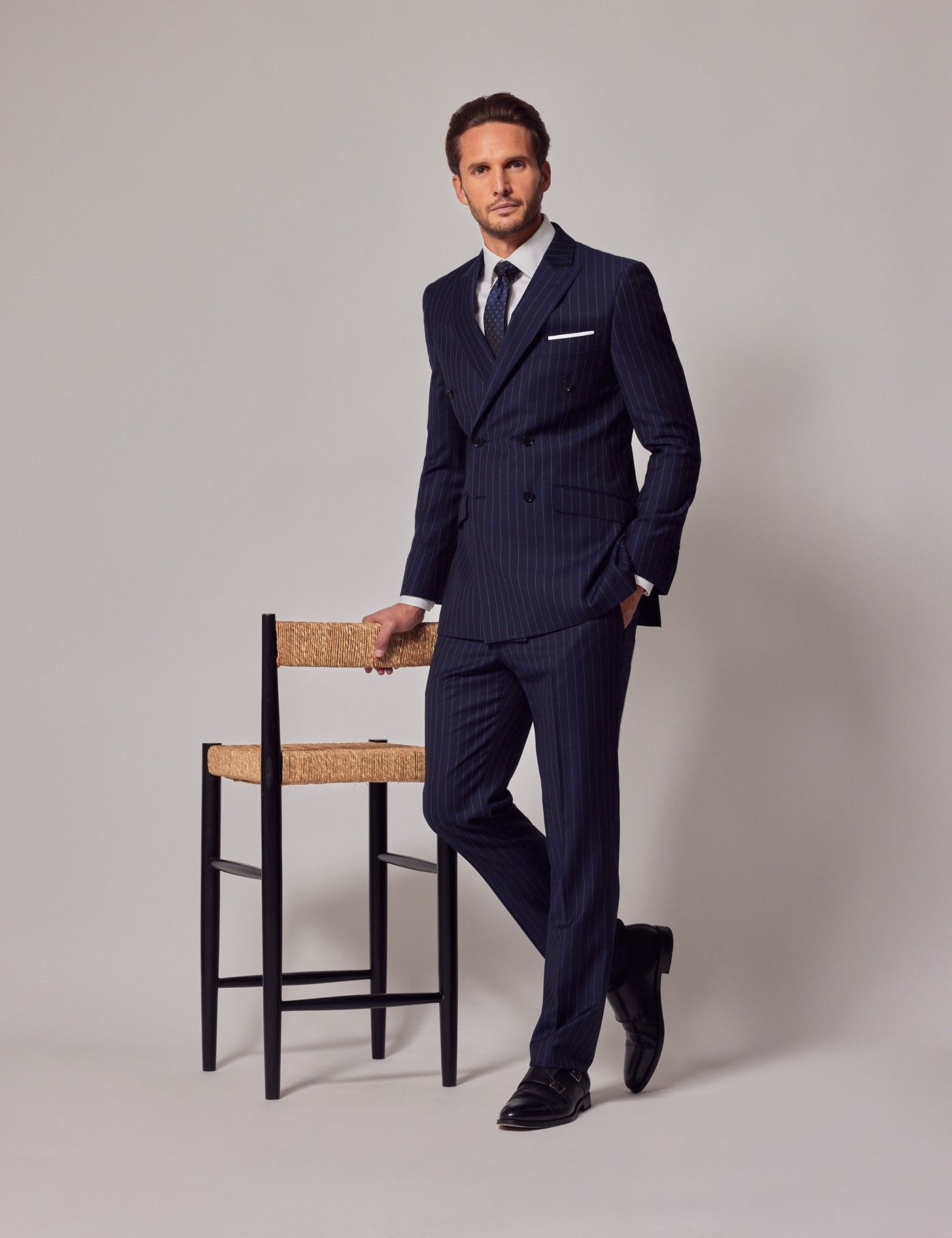 Mens Navy Chalk Stripe Double Breasted Slim Fit Suit Hawes And Curtis 2923