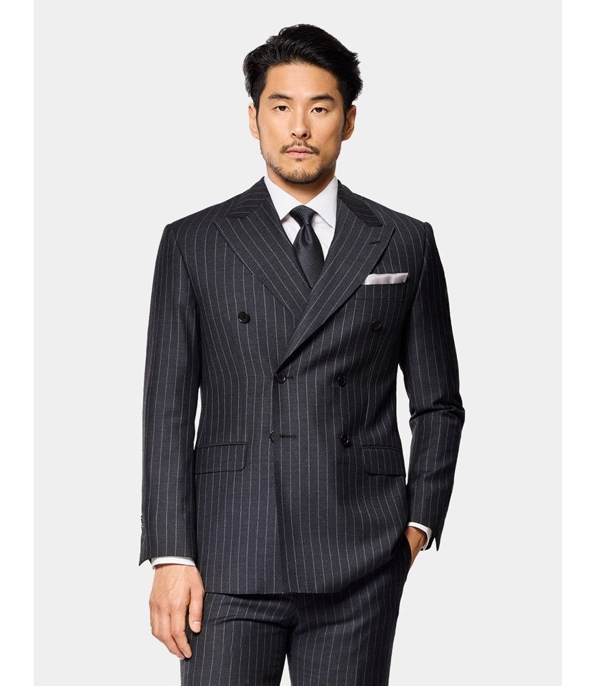 Men's Charcoal Chalk Stripe Double Breasted Slim Suit | Hawes & Curtis