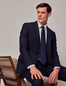 Navy Chalk Stripe Wool Slim Fit Suit Jacket
