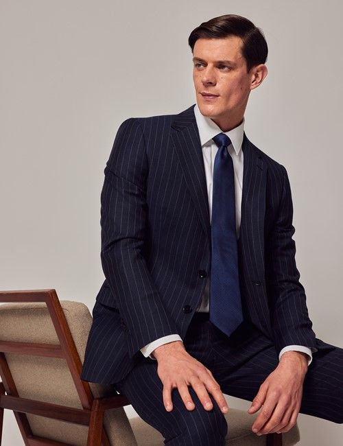 Navy Chalk Stripe Wool Slim Fit Suit Jacket