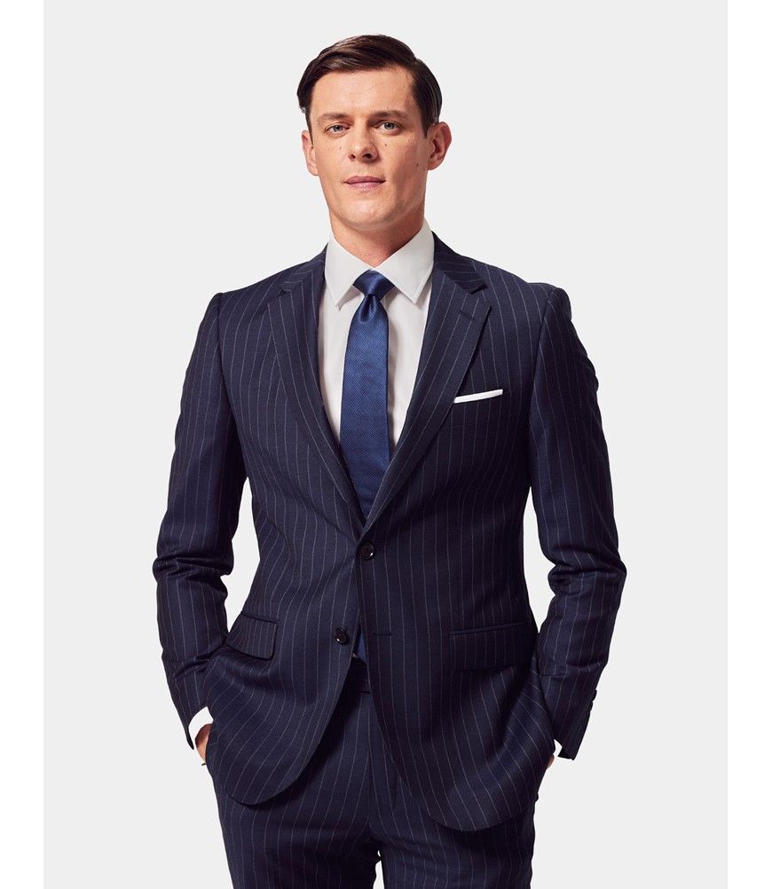 Men's Navy Chalk Stripe Wool Slim Fit Suit Jacket | Hawes