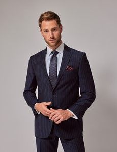 Navy Chalk Stripe Wool Classic Fit Suit Jacket