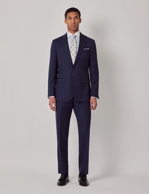 Navy Herringbone Stripe Italian Wool Tailored Fit Suit  - 1913 Collection