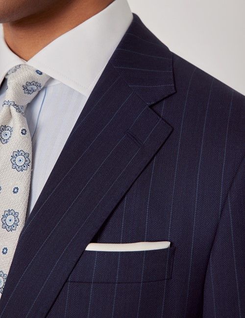 Navy Herringbone Stripe Italian Wool Tailored Fit Suit  - 1913 Collection-preview