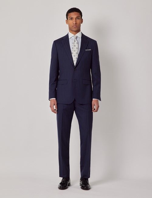 Navy Herringbone Stripe Italian Wool Tailored Fit Suit  - 1913 Collection