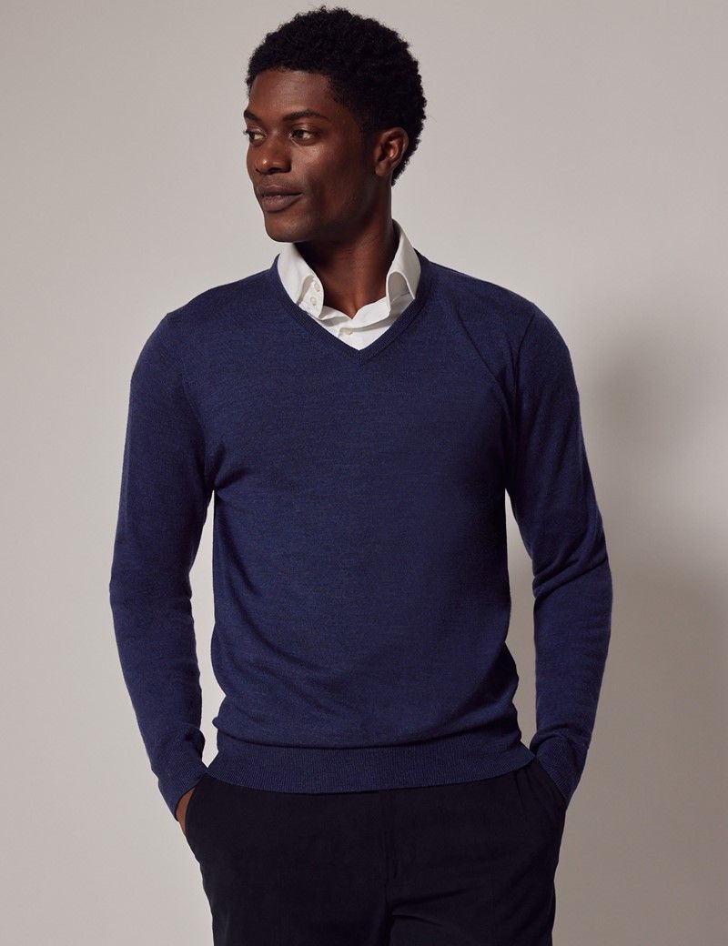 Men s Dark Blue V Neck Merino Jumper