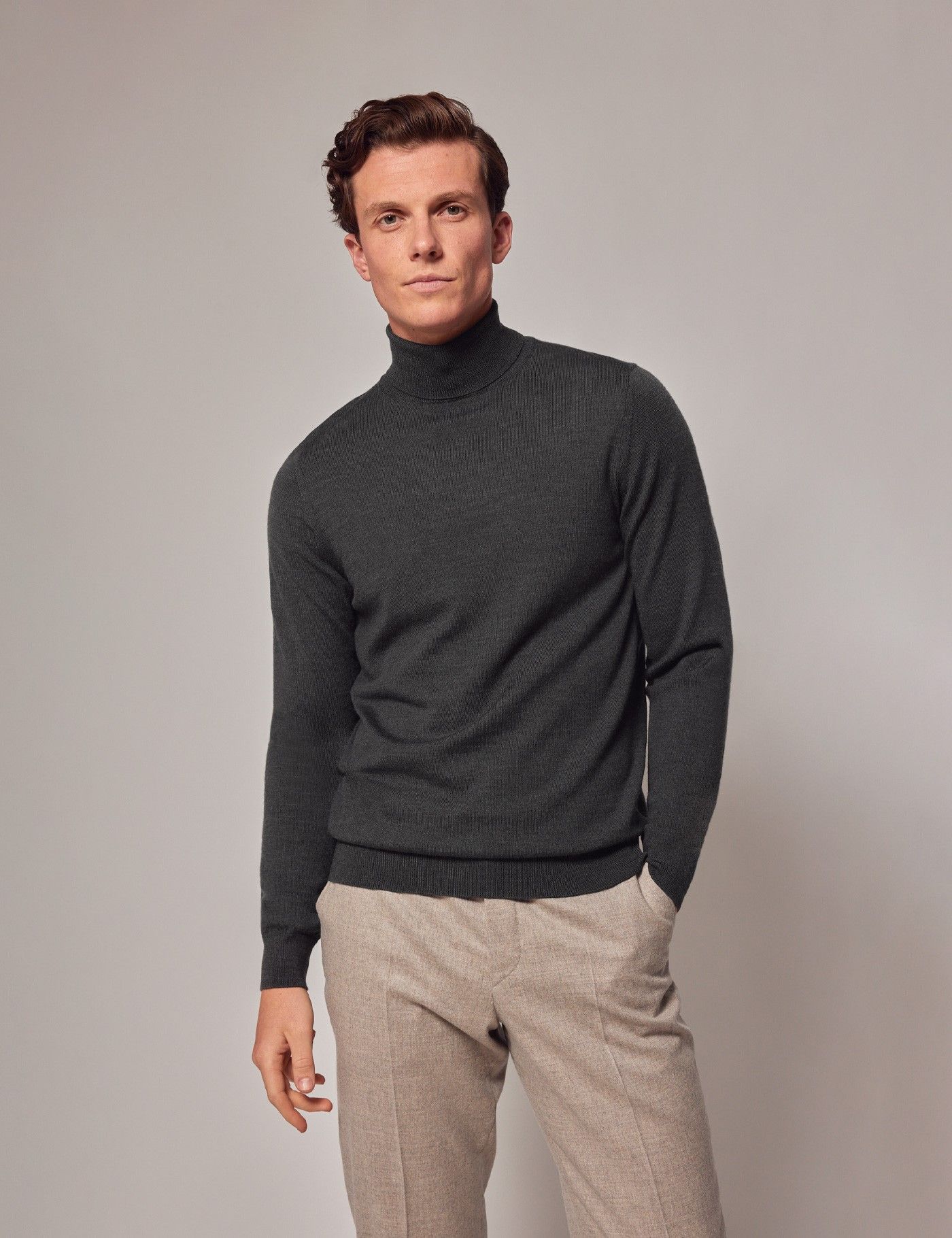 Men's Moss Green Roll Neck Merino Wool Slim Sweater