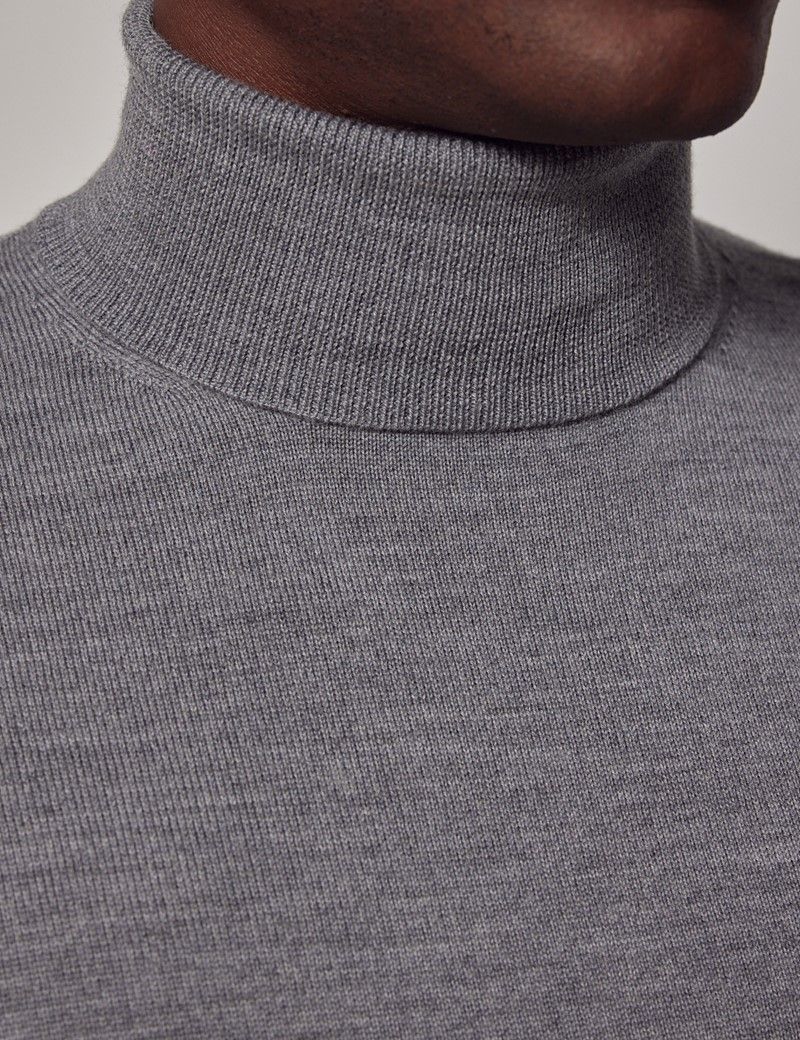 Men s Grey Roll Neck Merino Wool Slim Sweater