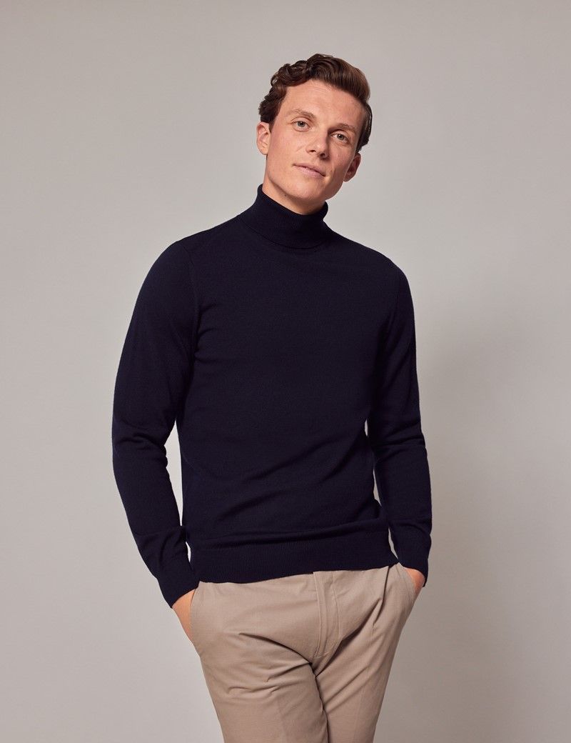 Men's Navy Roll Neck Merino Wool Slim Sweater