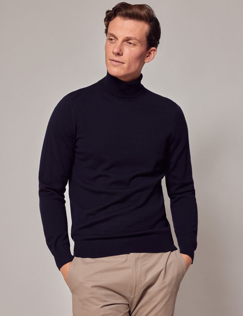 Men's Navy Roll Neck Merino Wool Slim Jumper