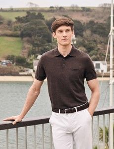 Merino Wool Short Sleeve Polo Shirt in Brown Hawes Curtis