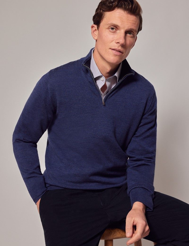 Men’s Dark Blue Fine Merino Wool Zip Neck Jumper