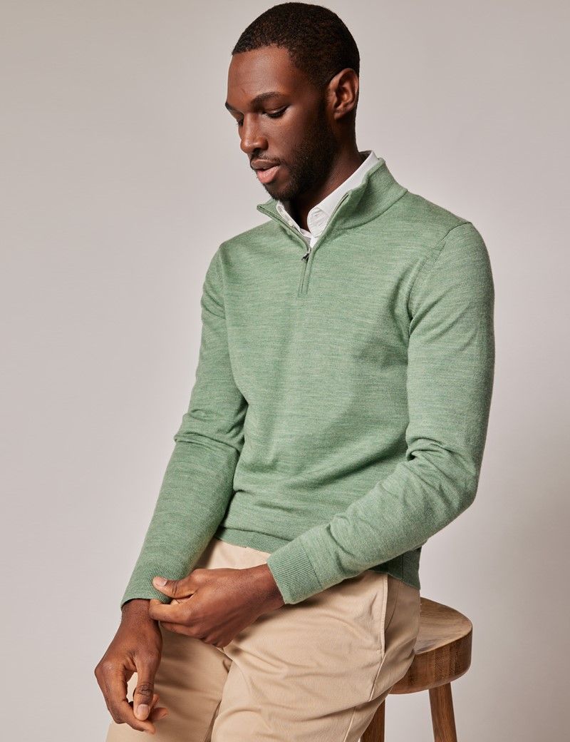 Green Lightweight Merino Zip Neck Jumper | Hawes & Curtis