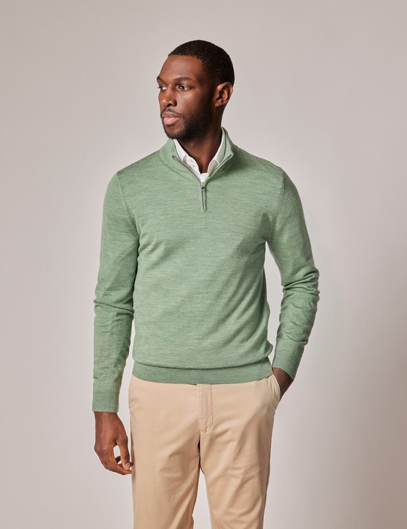 Green Lightweight Merino Zip Neck Jumper | Hawes & Curtis