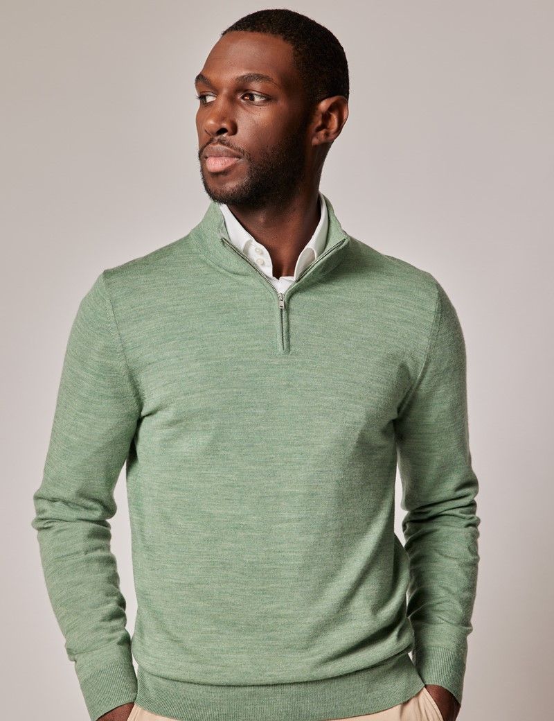 Green Lightweight Merino Wool Zip Neck Sweater Hawes Curtis