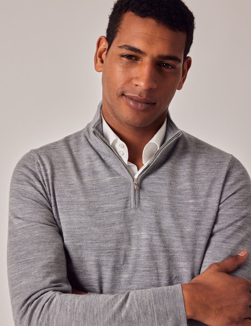 Men's Mid Grey Lightweight Merino Wool Zip Neck Sweater| Hawes & Curtis