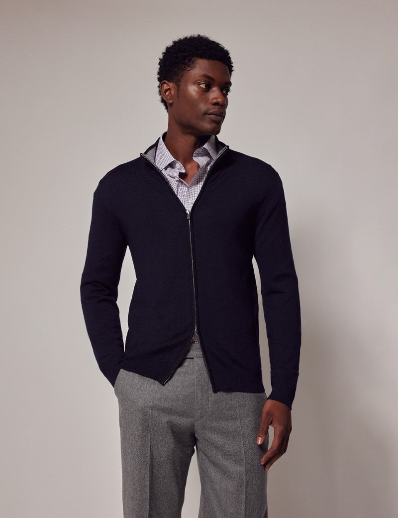 Men’s Navy Zip Through Merino Wool Jumper