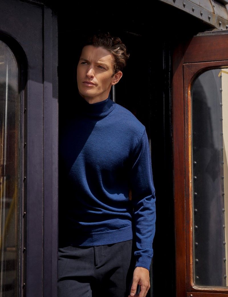 Men s Royal Blue Roll Neck Fine Merino Wool Jumper