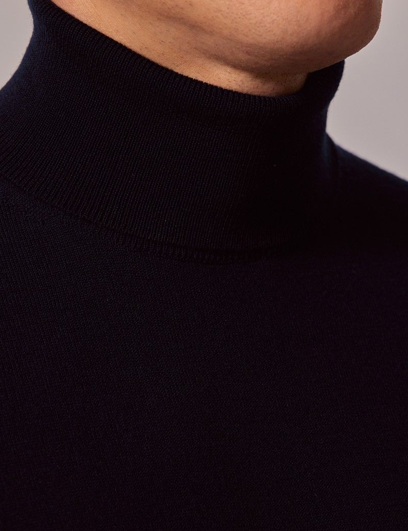 Men's Deep Navy Lightweight Merino Wool Roll Neck Jumper | Hawes & Curtis