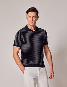 Navy Knitted Stripe Polo-preview5