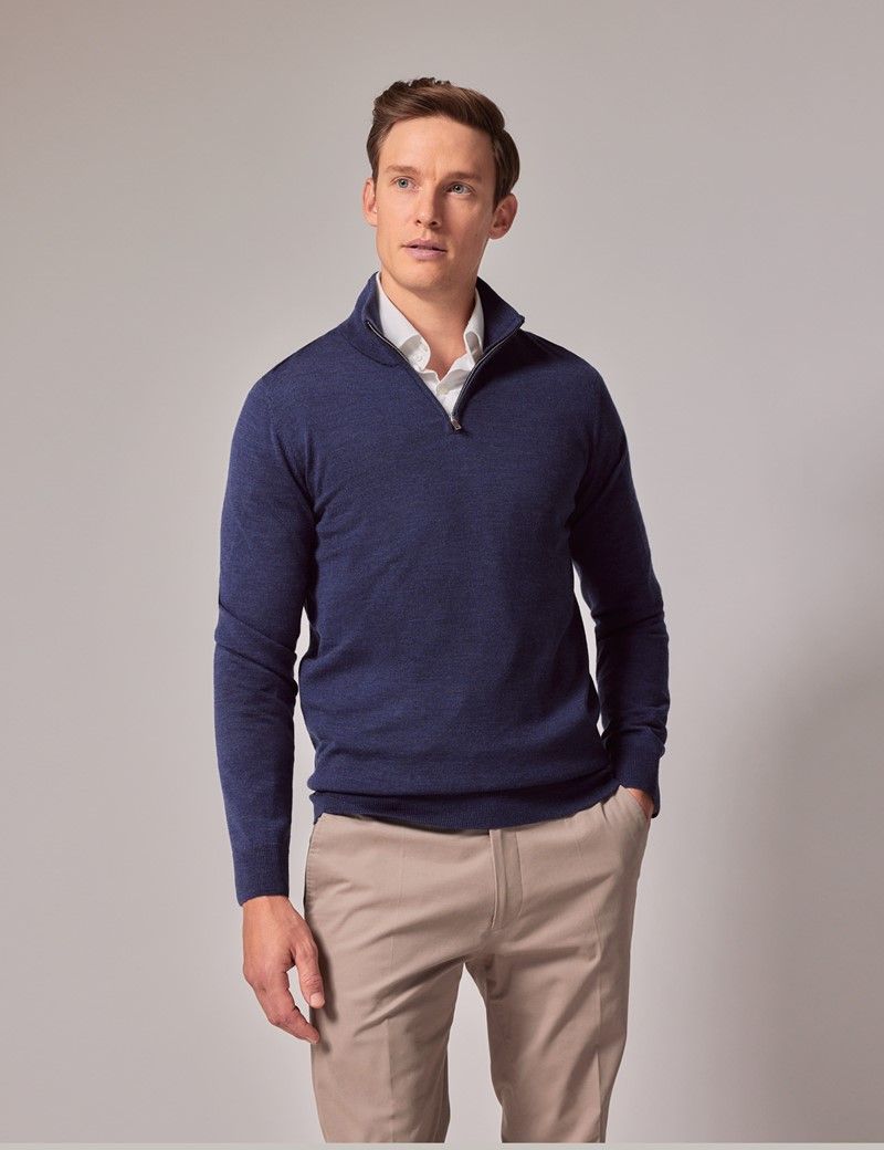 Men's Dark Blue Half Zip Merino Jumper - Machine Washable | Hawes & Curtis