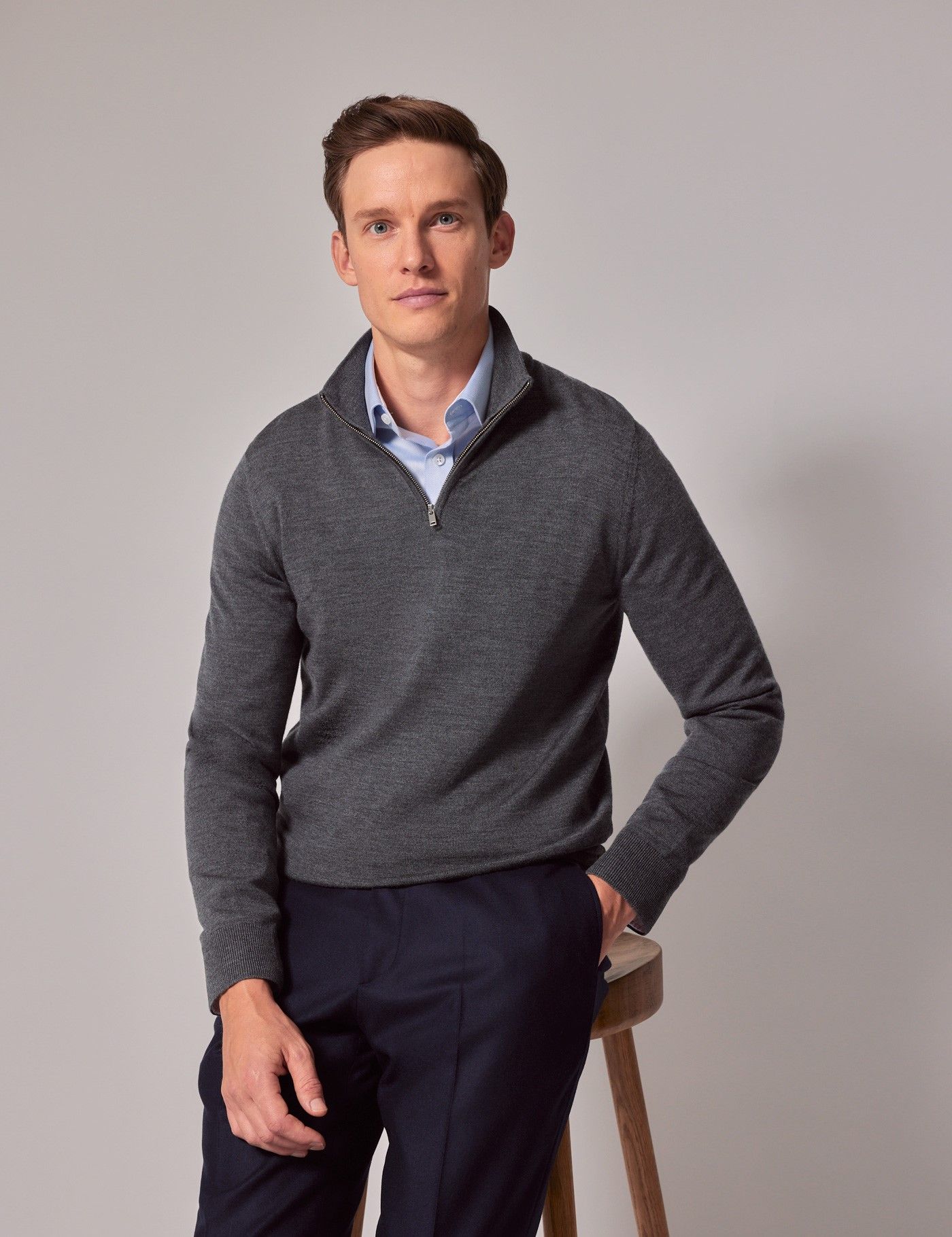 Men's Dark Grey Half Zip Merino Sweater Machine Washable Hawes & Curtis