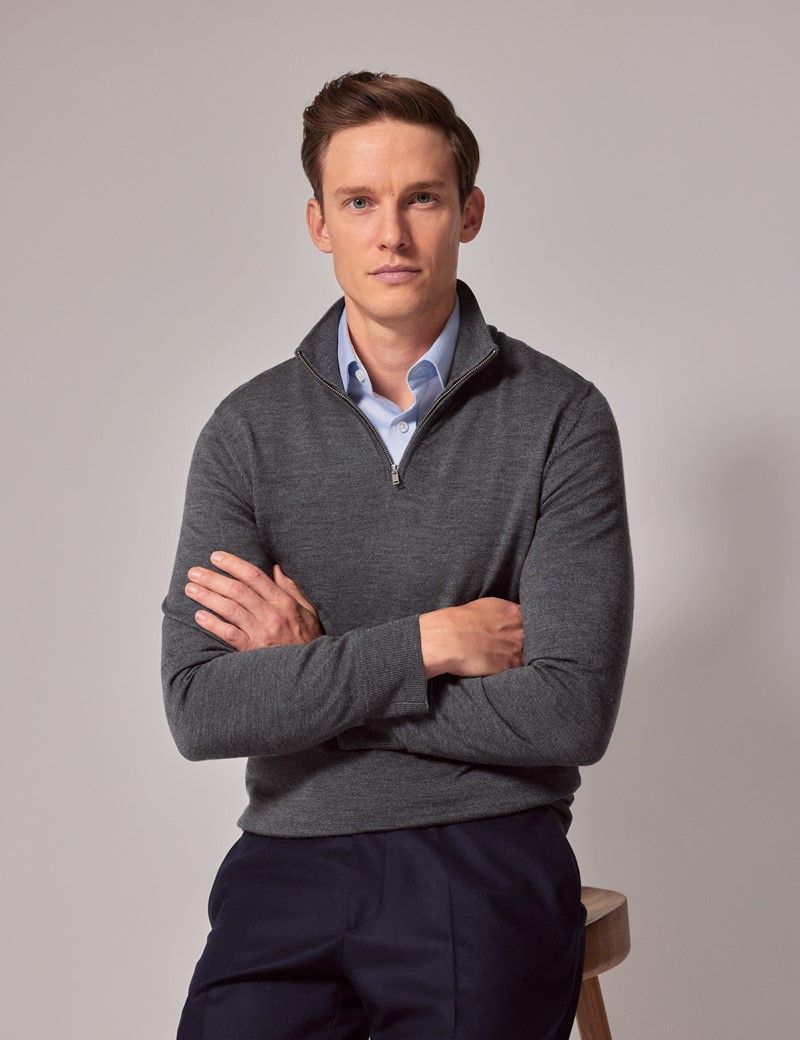 Men's Dark Grey Half Zip Merino Sweater Machine Washable Hawes & Curtis