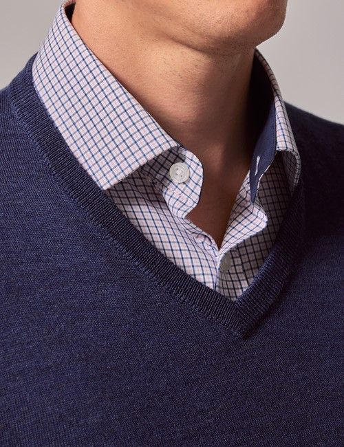 Dark Blue V-Neck Merino Sweater - Machine Washable-preview