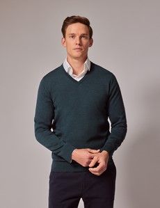 Dark Green V-Neck Merino Sweater - Machine Washable