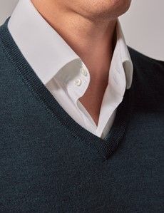 Dark Green V-Neck Merino Sweater - Machine Washable-preview1