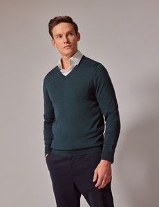 Dark Green V-Neck Merino Sweater - Machine Washable-preview2