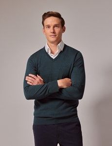 Dark Green V-Neck Merino Sweater - Machine Washable-preview5