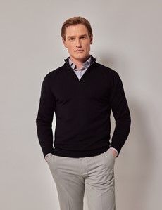 Black Half Zip Merino Jumper - Machine Washable-preview4