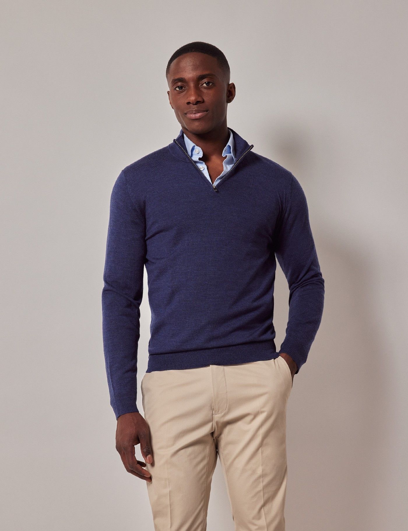 Men's Dark Blue Half Zip Merino Jumper - Machine Washable | Hawes & Curtis